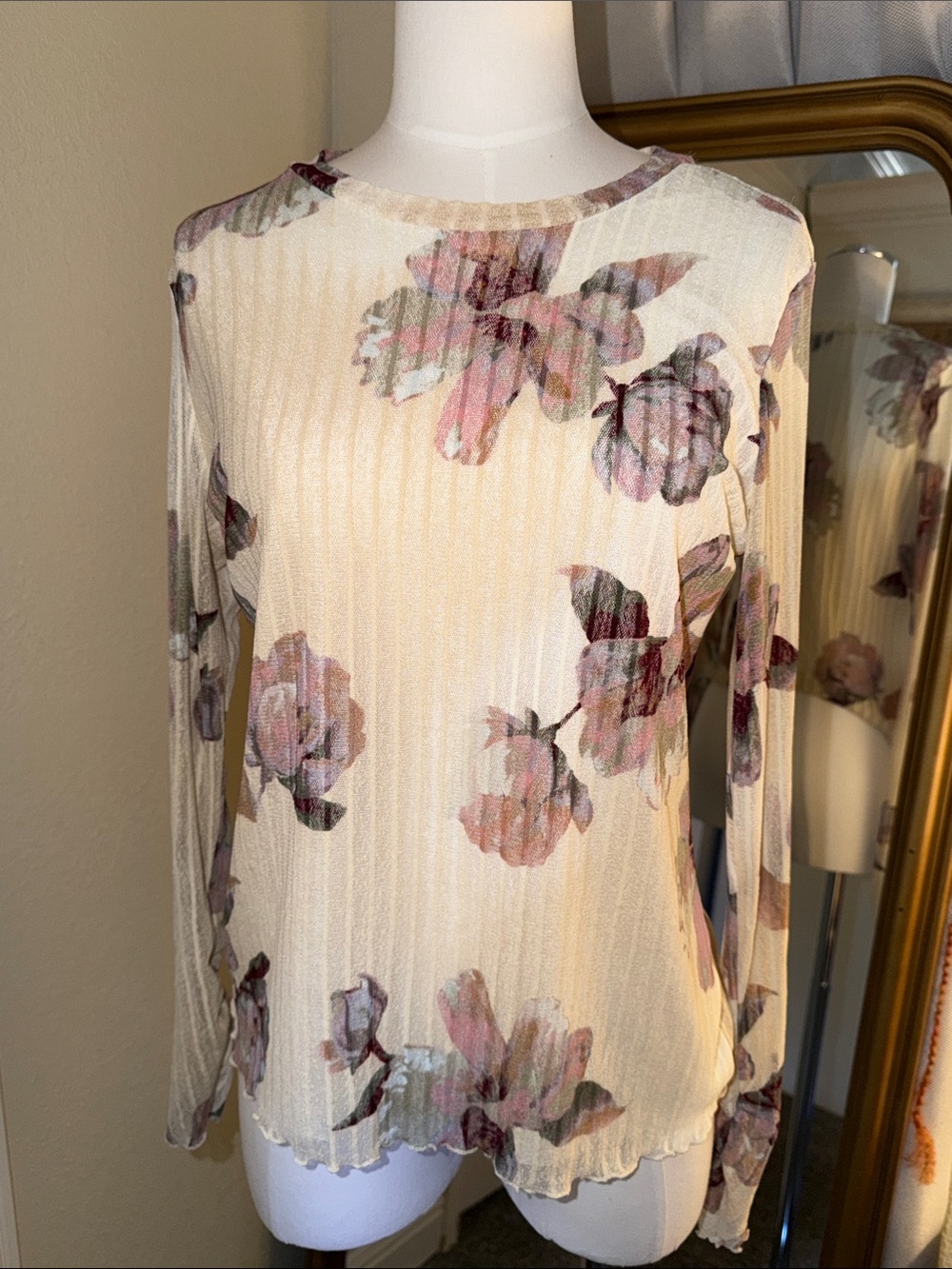 RACHEL Rachel Roy Sheer Cream Long-Sleeve Floral Print Top with Pink Accents